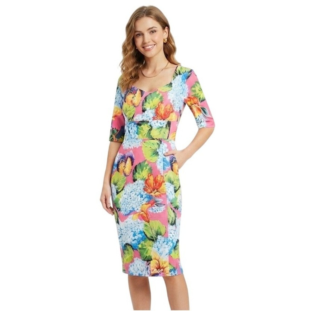 Kaimilan Womens Size 10 Colorful Floral Sweetheart Neck Summer Midi Sheath Dress